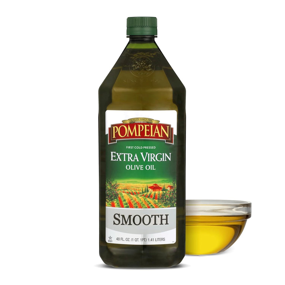 Pompeian Smooth Extra Virgin Olive Oil bottle pour for cooking with a smooth flow