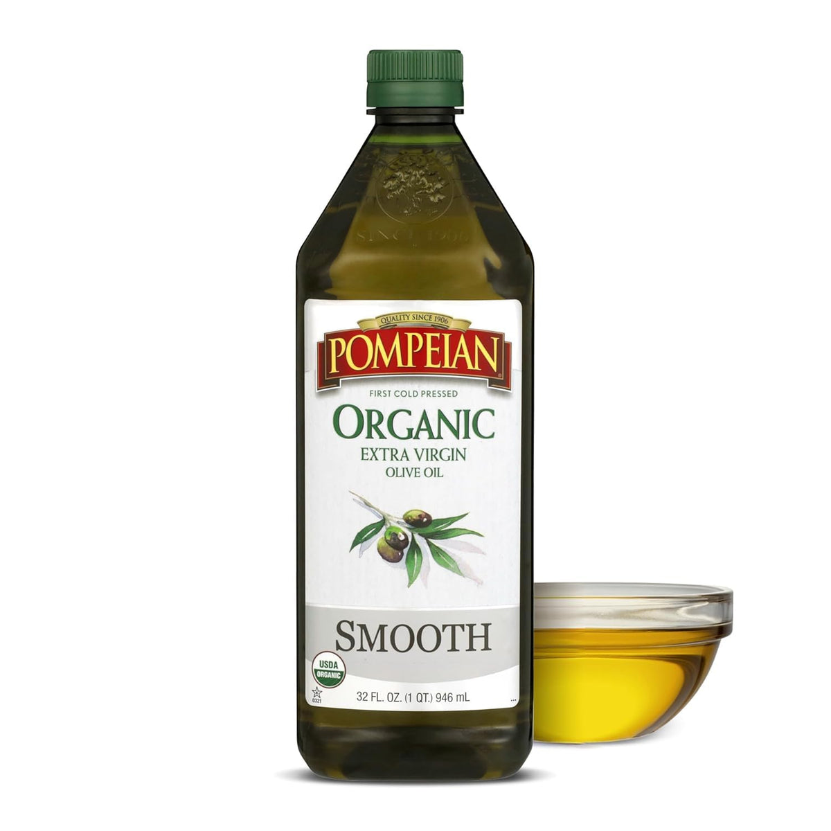 Pompeian Smooth Organic EVOO bottle ready for everyday sautéing and light dressings.