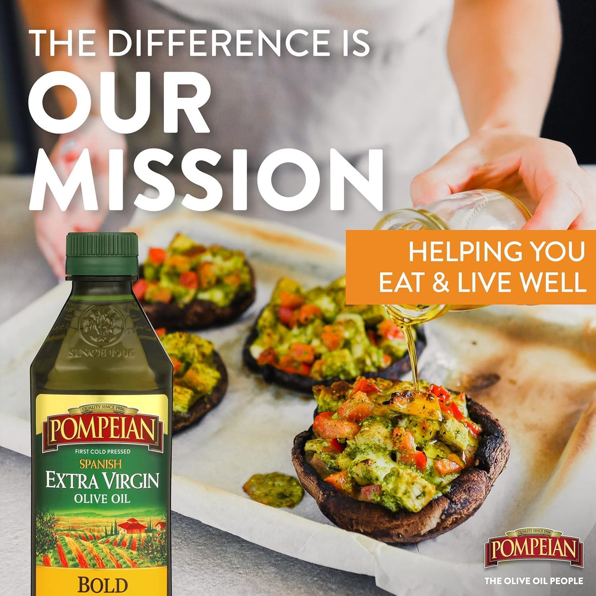 Pompeian Spanish Bold EVOO kitchen scene inspiring finishing touches.