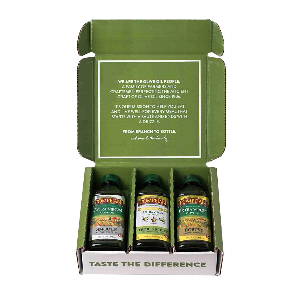 Pompeian three-bottle set on counter shows versatile EVOOs