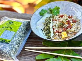 Rice bowl topped with Pono Furikake showcasing fusion flavor