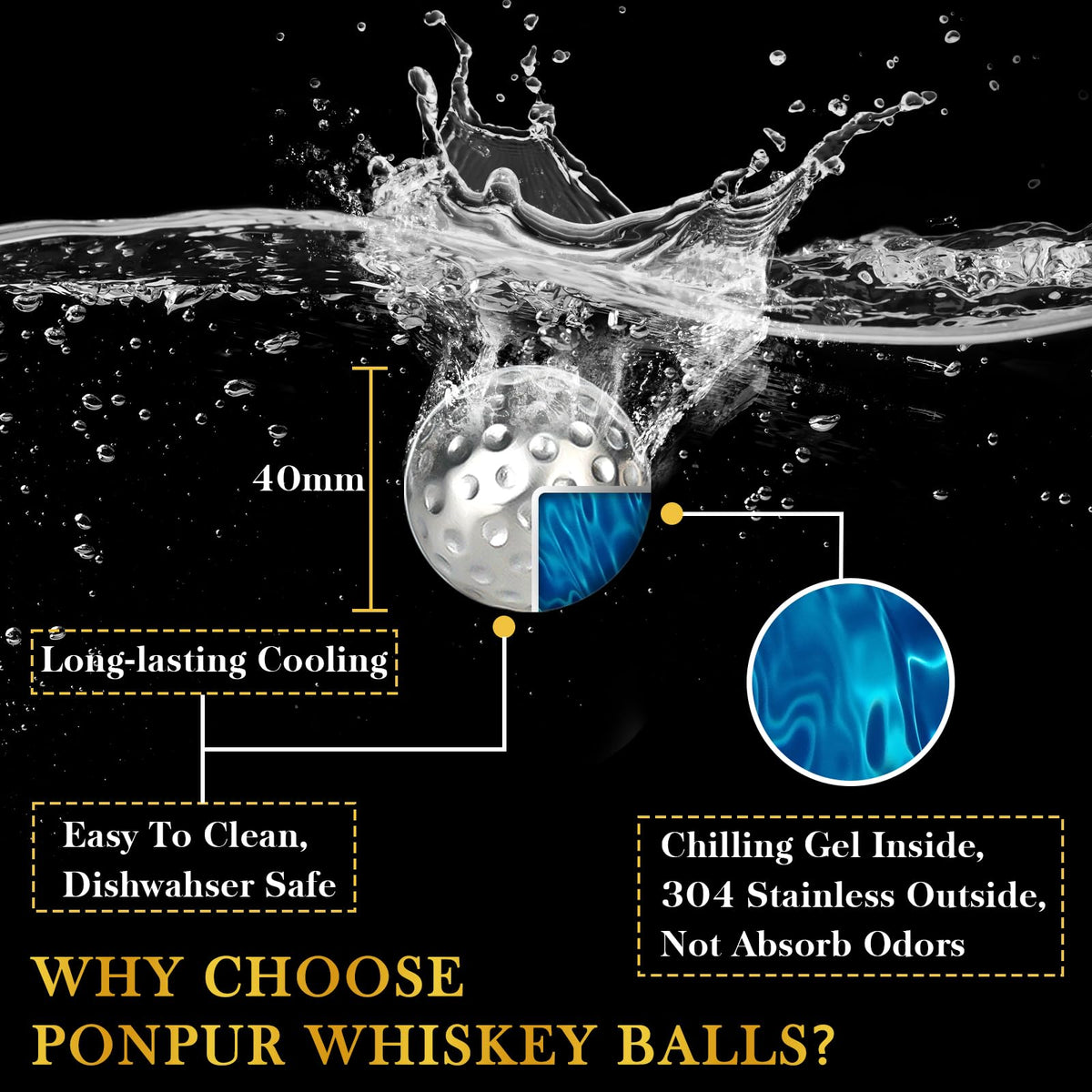 PONPUR golf ball-shaped ice balls for whiskey presentation.