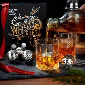 PONPUR stainless steel whiskey chillers for reusable cooling of spirits.