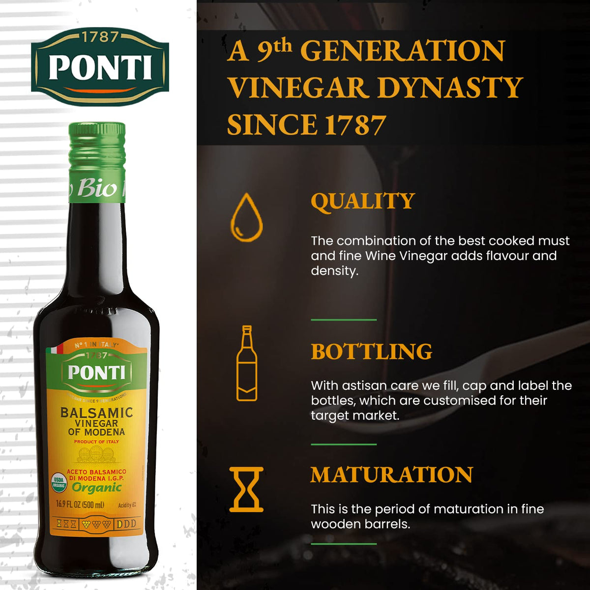 Rich color and aroma highlight Ponti Organic Balsamic in meals