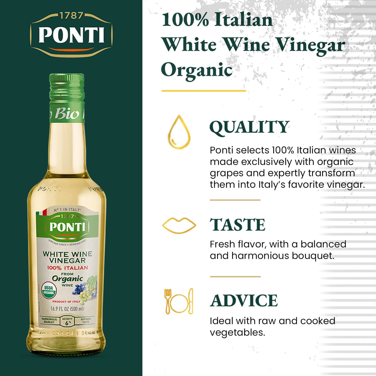 Ponti organic white wine vinegar label closeup showing organic quality for cooking.