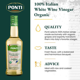 Ponti organic white wine vinegar label closeup showing organic quality for cooking.