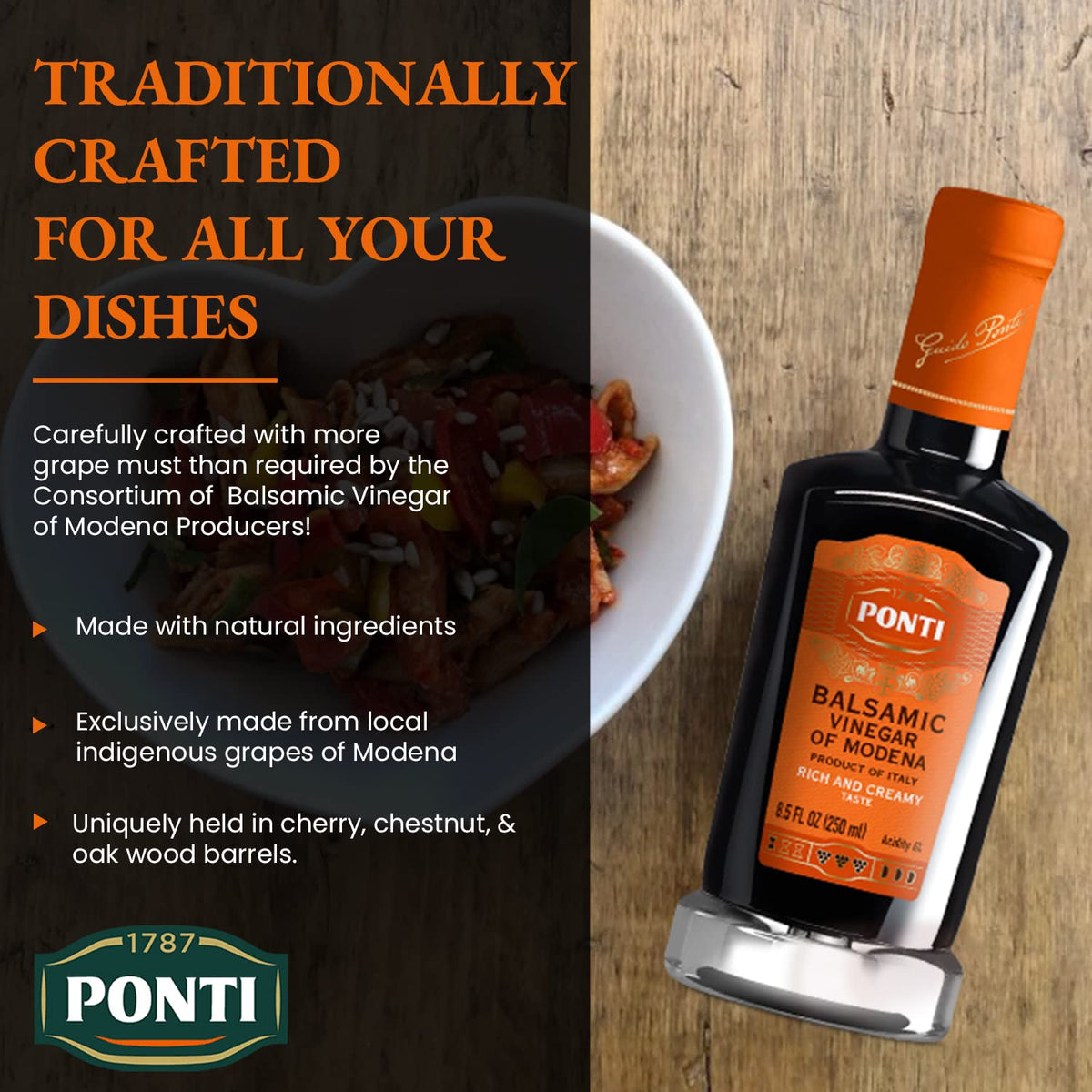 Ponti Rich & Creamy Balsamic Vinegar of Modena glass bottle on shelf communicates premium quality.