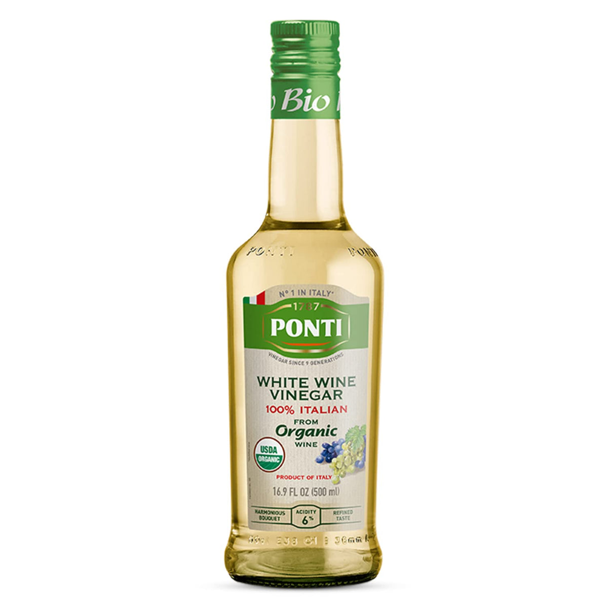 Ponti white wine vinegar bottle for vibrant dressings and marinades.
