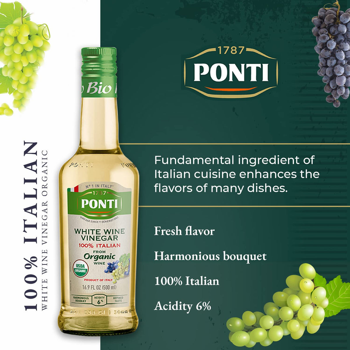 Ponti white wine vinegar being poured into a salad dressing.
