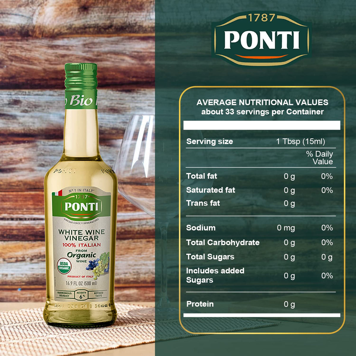 Ponti white wine vinegar with a colorful vegetable salad.