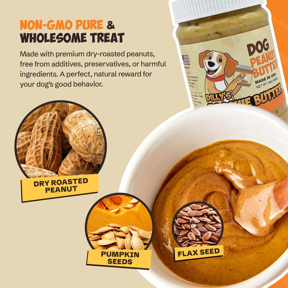Poochie Butter dry-roasted peanuts ingredients highlight simple, non-GMO formula for dogs.