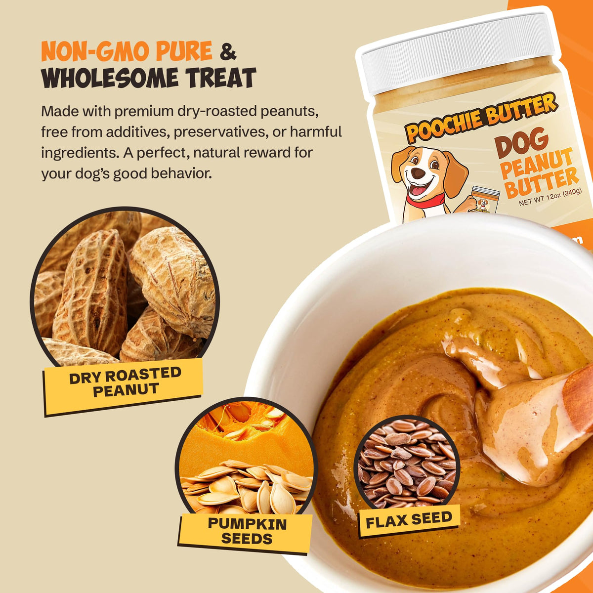 Poochie Butter dry-roasted peanuts packaging emphasizes high-quality ingredients for dog treats.