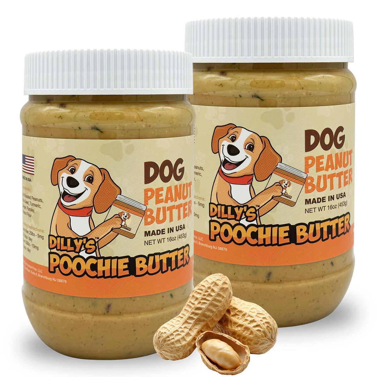 Poochie Butter natural dog peanut butter jar shows pure ingredients for dogs.