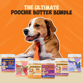 Poochie Butter no sugar added claim visible on label as healthier choice.