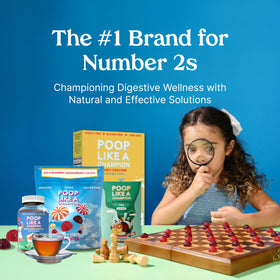 Front label of Poop Like A Champion packaging with brand branding.