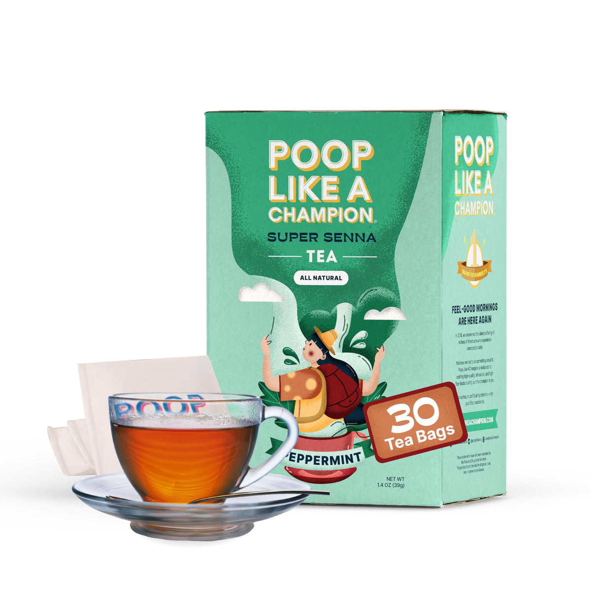 Poop Like A Champion packaging featuring senna and peppermint blend for a refreshing herbal tea.