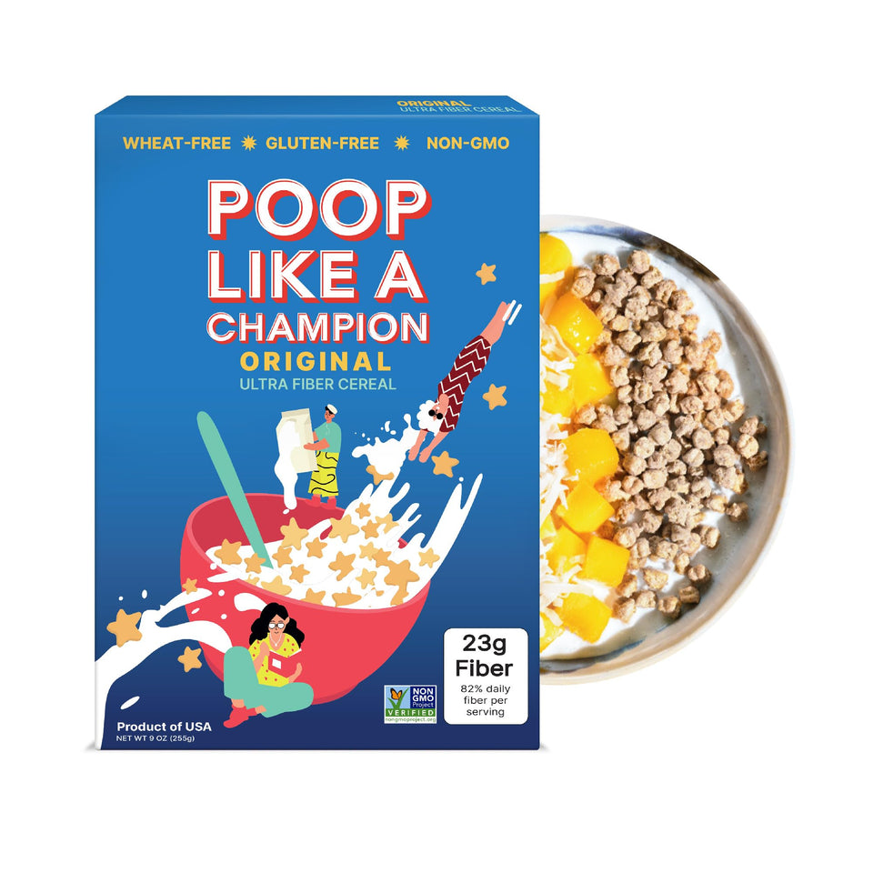 Poop Like A Champion cereal in a bowl, high-fiber breakfast boost
