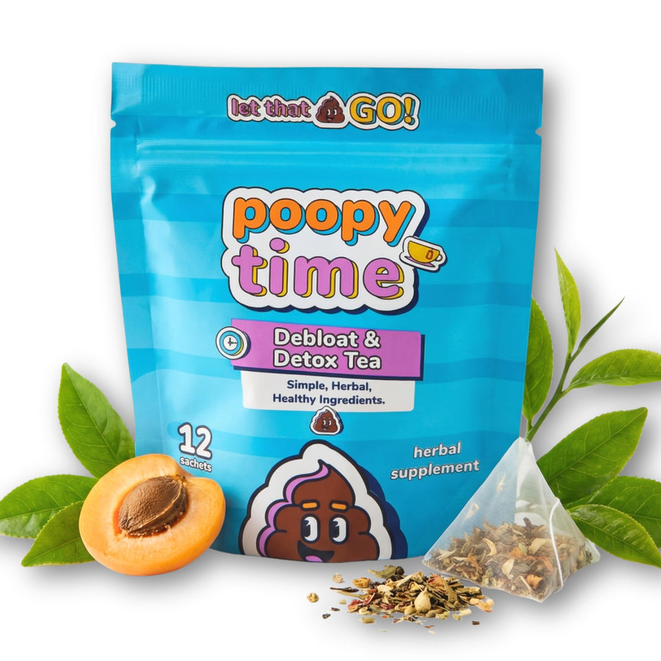 Poopy Time Debloat Tea packaging shows premium pyramid sachets for an easy, gentle cleanse.