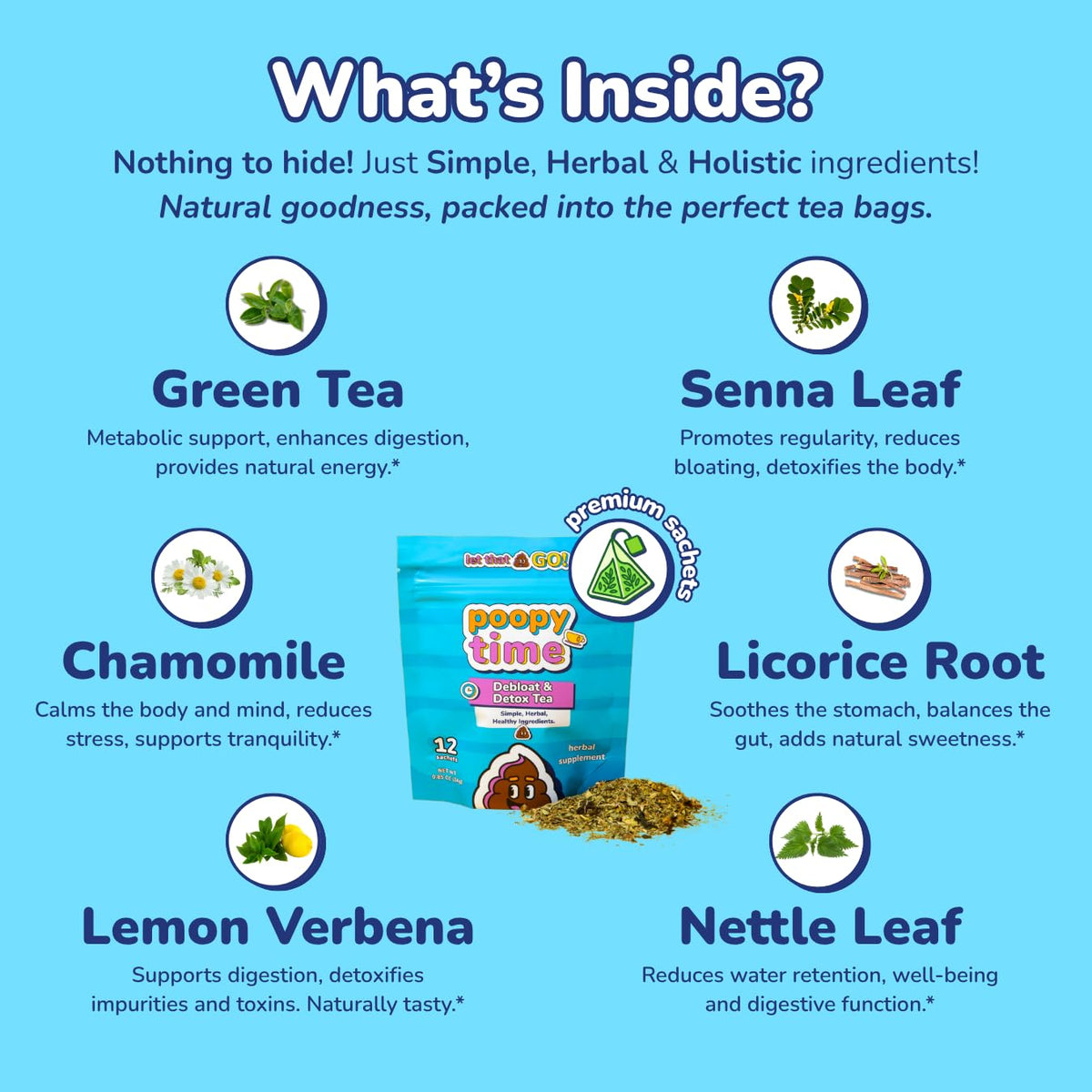 Poopy Time Debloat Tea tasting notes suggest a naturally subtle, sweet flavor.