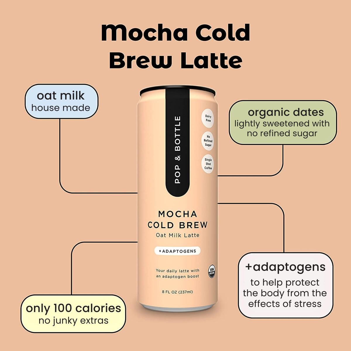 Pop & Bottle adaptogens blend with ashwagandha and maca for balance.