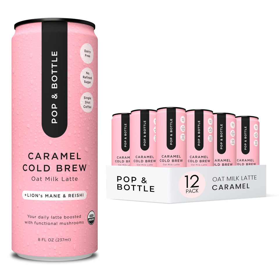 Pop & Bottle oat milk latte caramel cold brew can for a quick, dairy-free pick-me-up