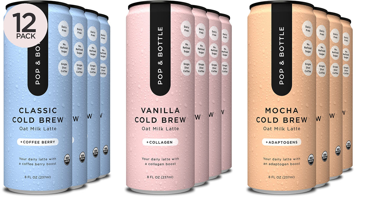 Pop and Bottle classic oat milk latte can for a clean energy boost on the go.