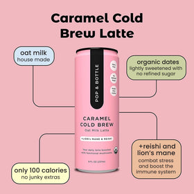 Pop & Bottle oat milk latte Lions Mane and Reishi ingredients visible for focus-friendly blend