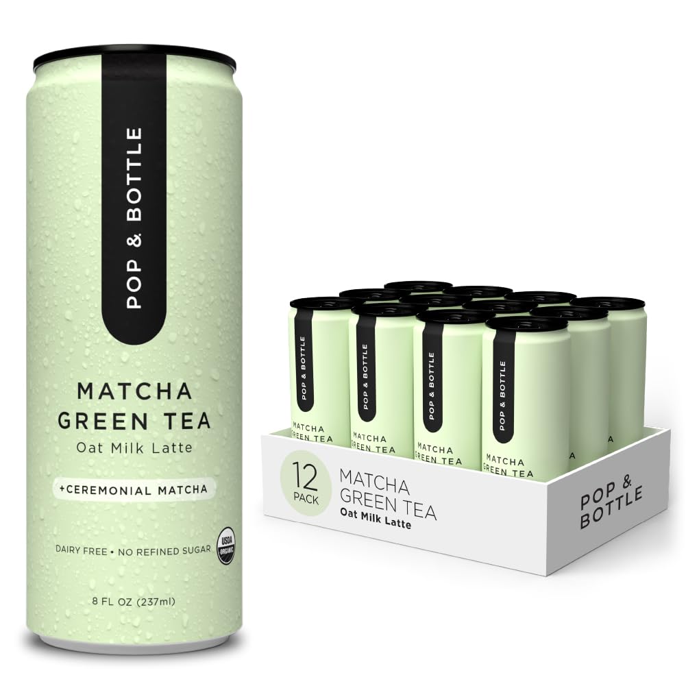 Pop & Bottle oat milk latte can with matcha and reishi for an energizing on-the-go sip