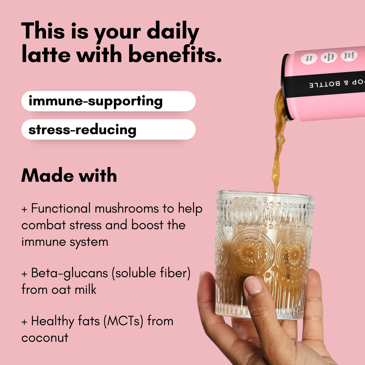 Pop & Bottle oat milk latte organic dates sweetener on the label for natural flavor