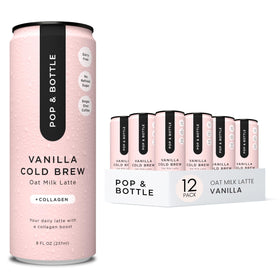 Pop & Bottle vanilla oat milk latte can, convenient dairy-free caffeine boost.