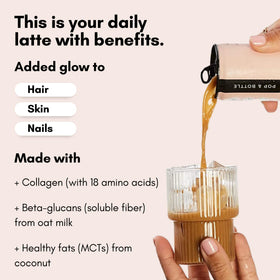 Pop & Bottle vanilla oat milk latte with marine collagen for a skin-friendly boost.