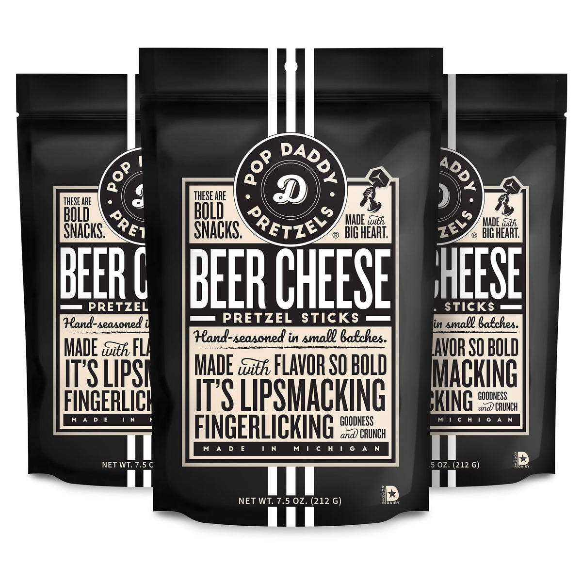 Pop Daddy Beer Cheese Pretzel Sticks 3-Pack close-up, bold flavor and aroma.