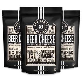 Pop Daddy Beer Cheese Pretzel Sticks 3-Pack close-up, bold flavor and aroma.