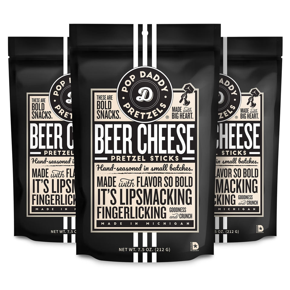 Pop Daddy Beer Cheese Pretzel Sticks 3-Pack close-up, bold flavor and aroma.