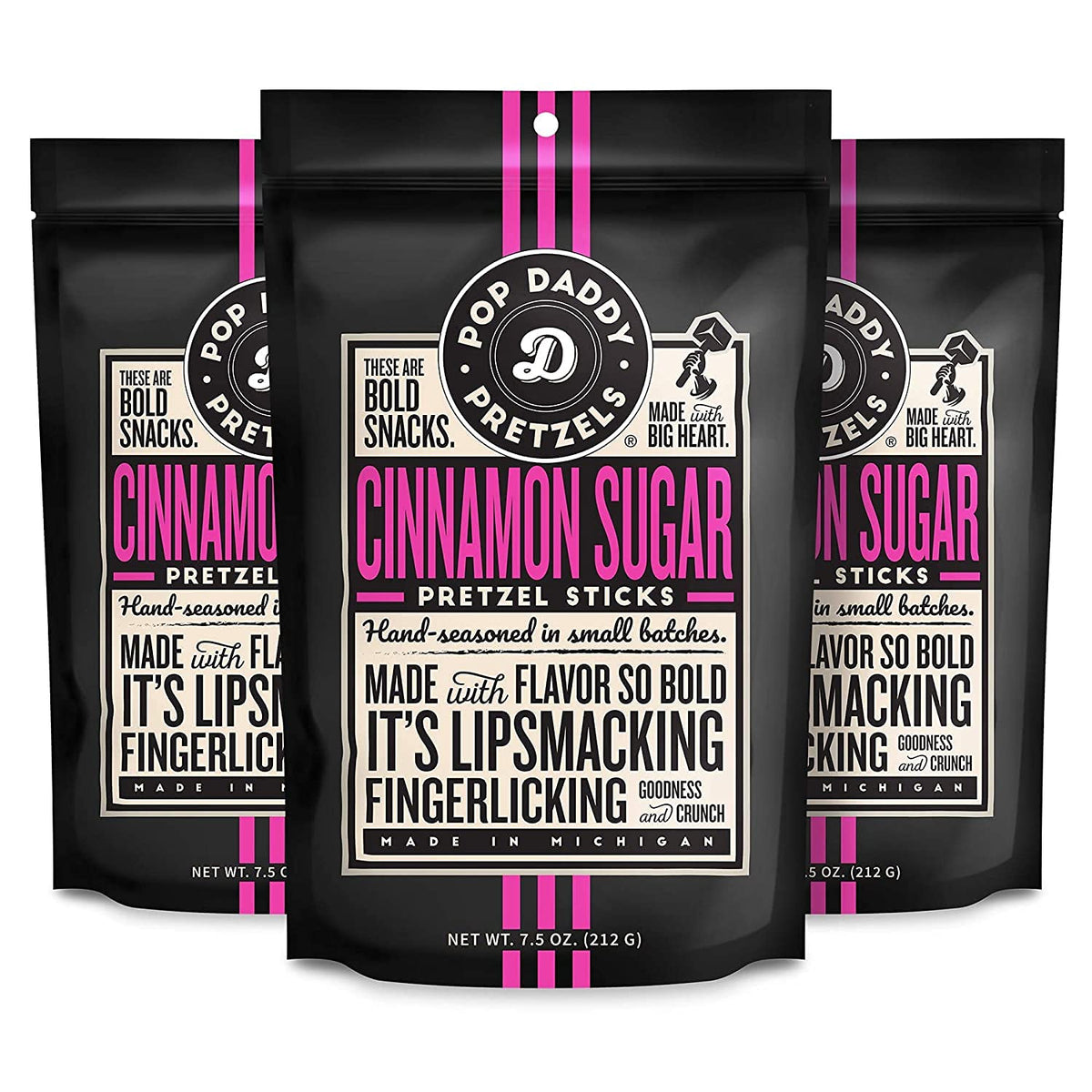 Pop Daddy Cinnamon Sugar Pretzel Sticks three-pack hero image for on-the-go snacking
