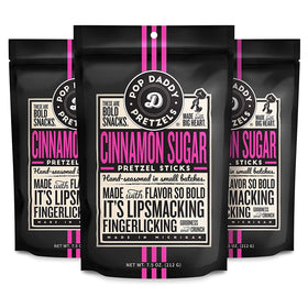 Pop Daddy Cinnamon Sugar Pretzel Sticks three-pack hero image for on-the-go snacking