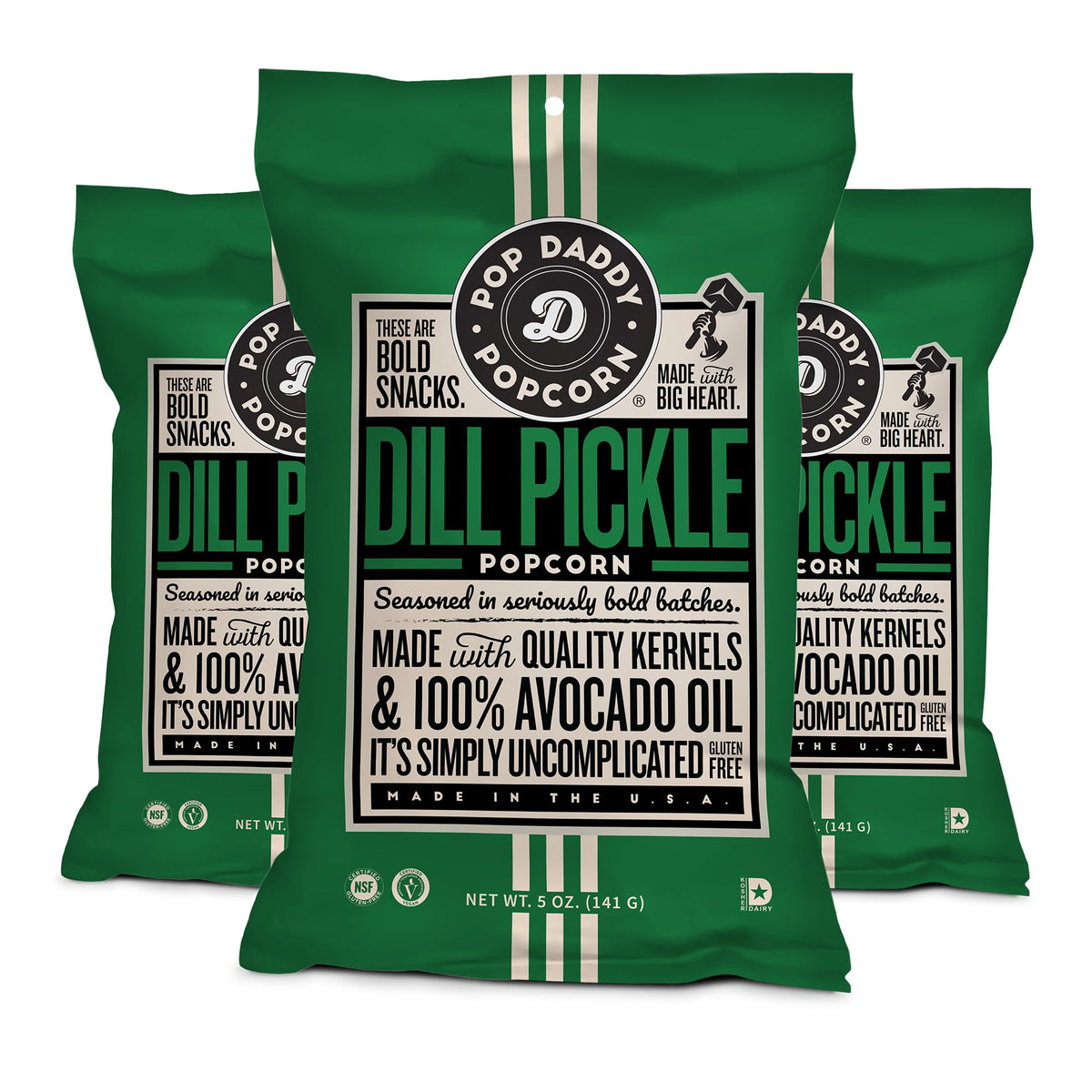 POP DADDY Dill Pickle popcorn bag on white background, savory ready-to-share snack.