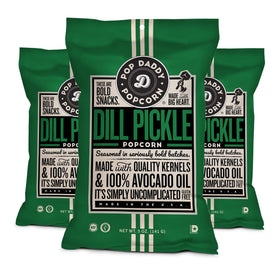 POP DADDY Dill Pickle popcorn bag on white background, savory ready-to-share snack.