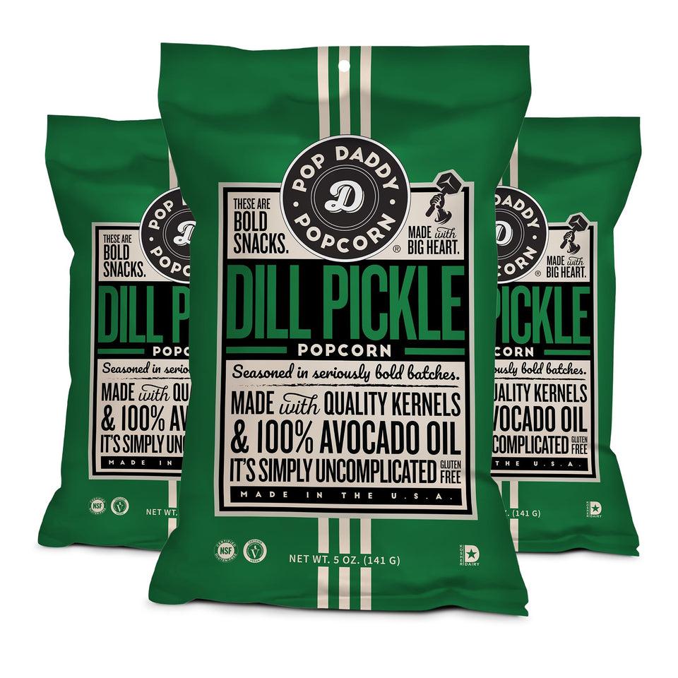 POP DADDY Dill Pickle popcorn bag on white background, savory ready-to-share snack.