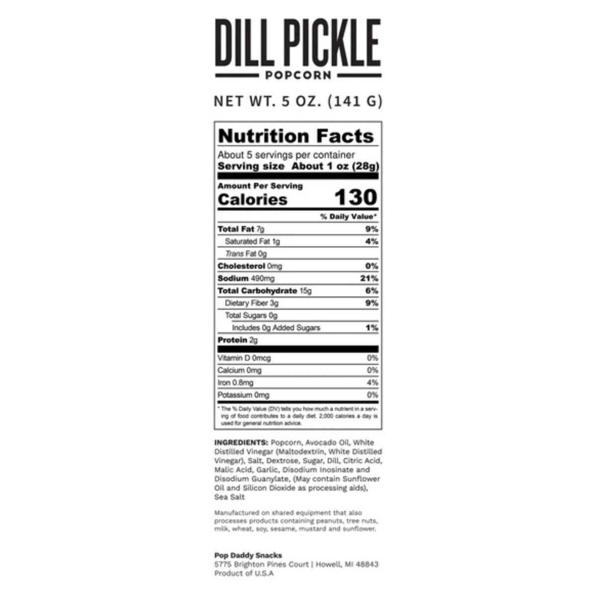 POP DADDY Dill Pickle popcorn displayed in kitchen for artisanal quality.