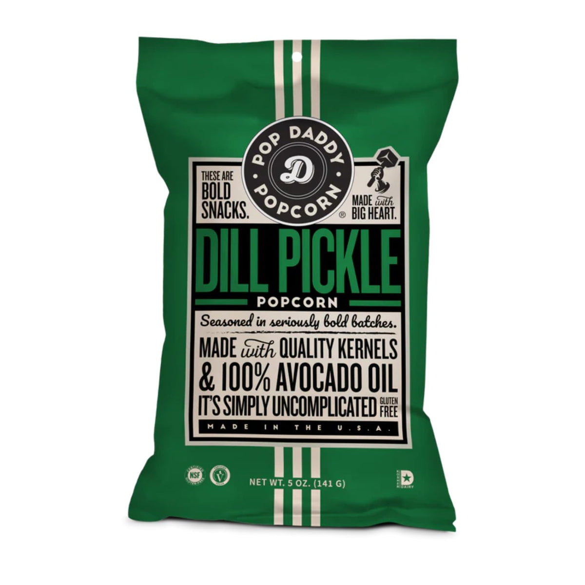 POP DADDY Dill Pickle kernels close-up with premium crunchy texture.