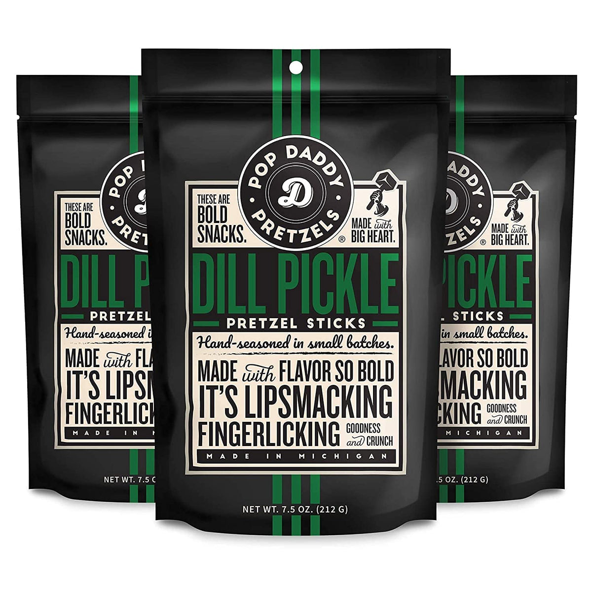 Pop Daddy Dill Pickle Pretzel Sticks in a 7.5oz bag show bold flavor crunch.