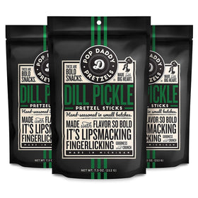Pop Daddy Dill Pickle Pretzel Sticks in a 7.5oz bag show bold flavor crunch.
