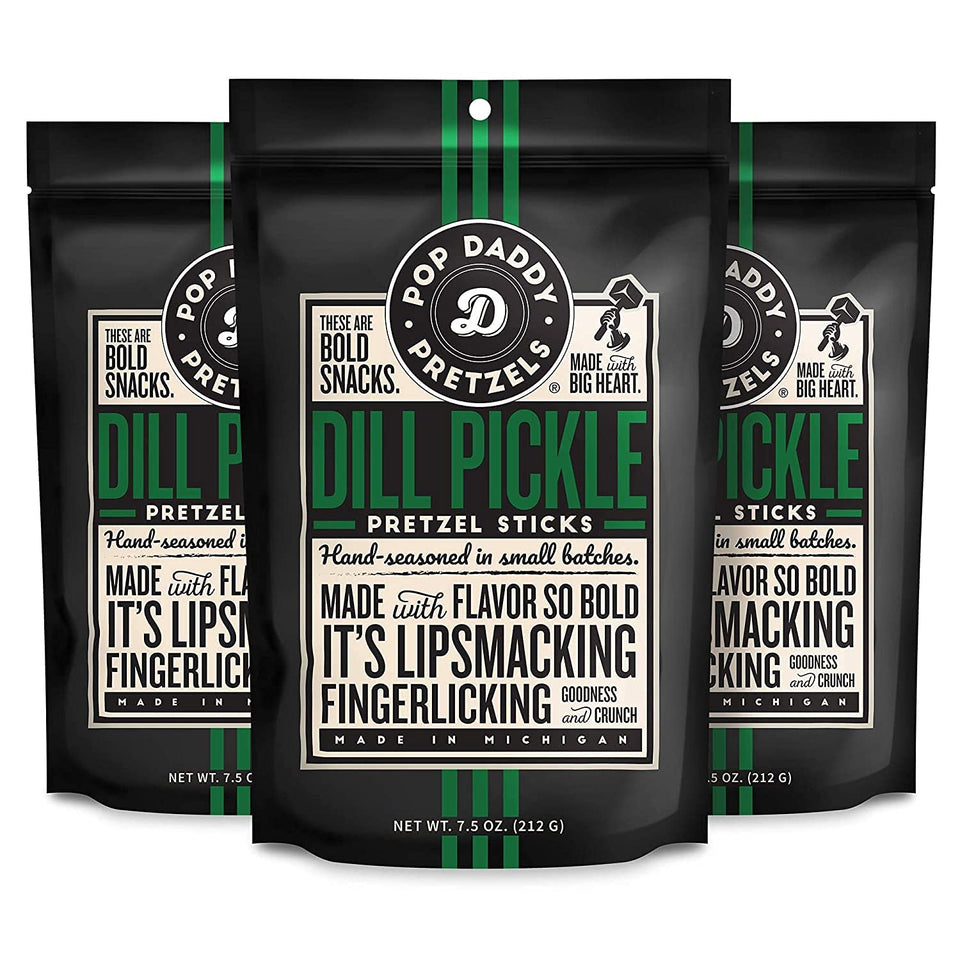 Pop Daddy Dill Pickle Pretzel Sticks in a 7.5oz bag show bold flavor crunch.