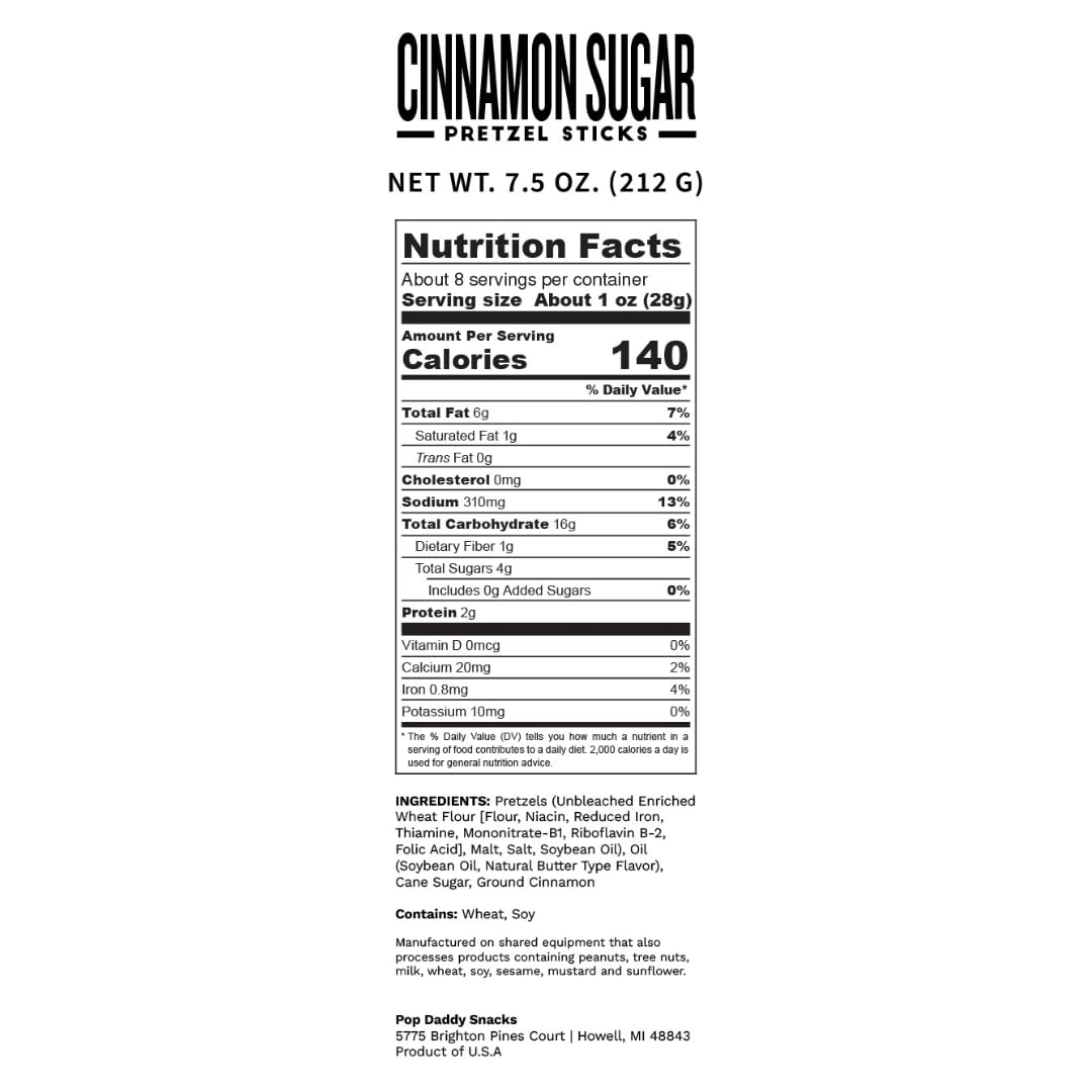Pop Daddy Cinnamon Sugar Pretzel Sticks packaging highlights family-owned brand and quality