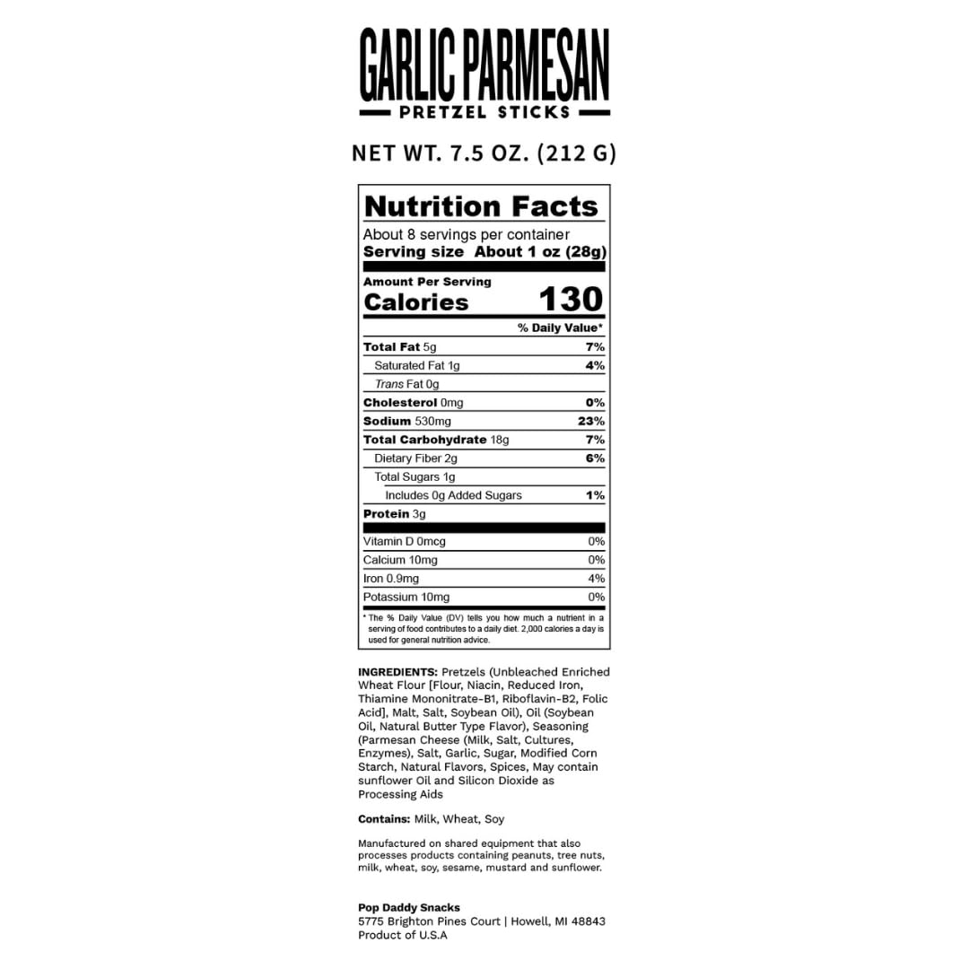 Family-owned brand label on Pop Daddy Garlic Parmesan pretzels packaging.