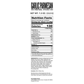Family-owned brand label on Pop Daddy Garlic Parmesan pretzels packaging.
