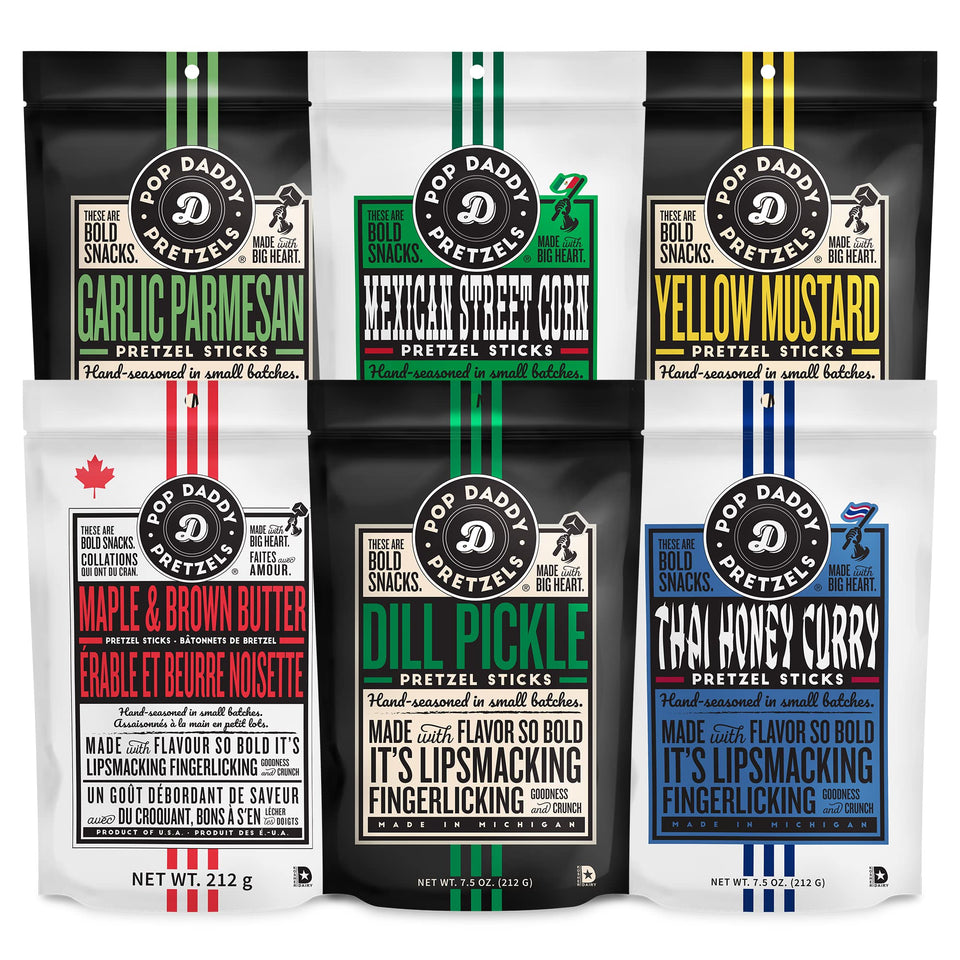 Pop Daddy Thai Honey Curry pretzel sticks bag for bold on-the-go snacking.