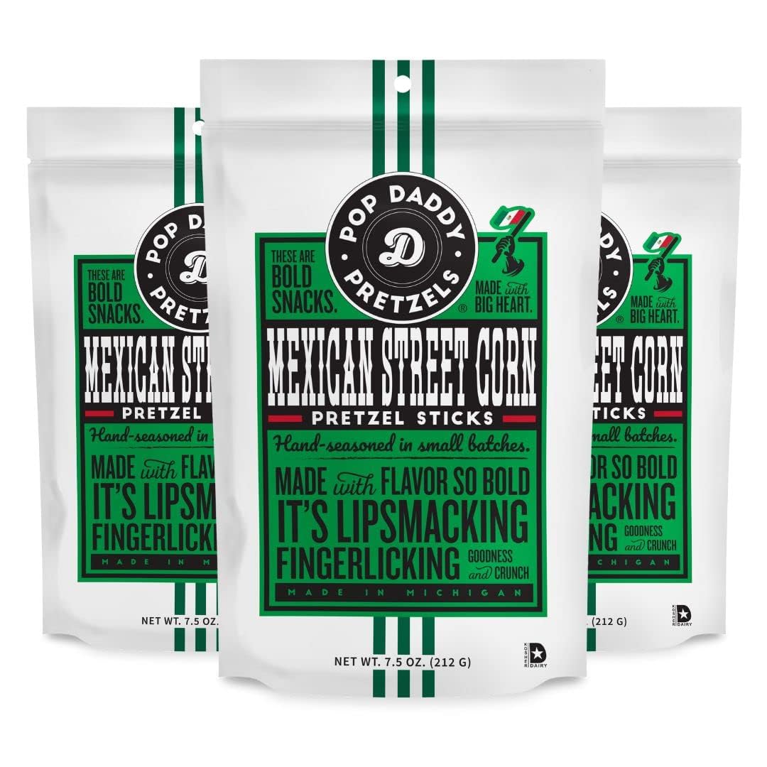 Pop Daddy Flavored Pretzels Sticks Mexican Street Corn bag in a resealable pouch for on-the-go snacking.