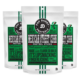 Pop Daddy Flavored Pretzels Sticks Mexican Street Corn bag in a resealable pouch for on-the-go snacking.